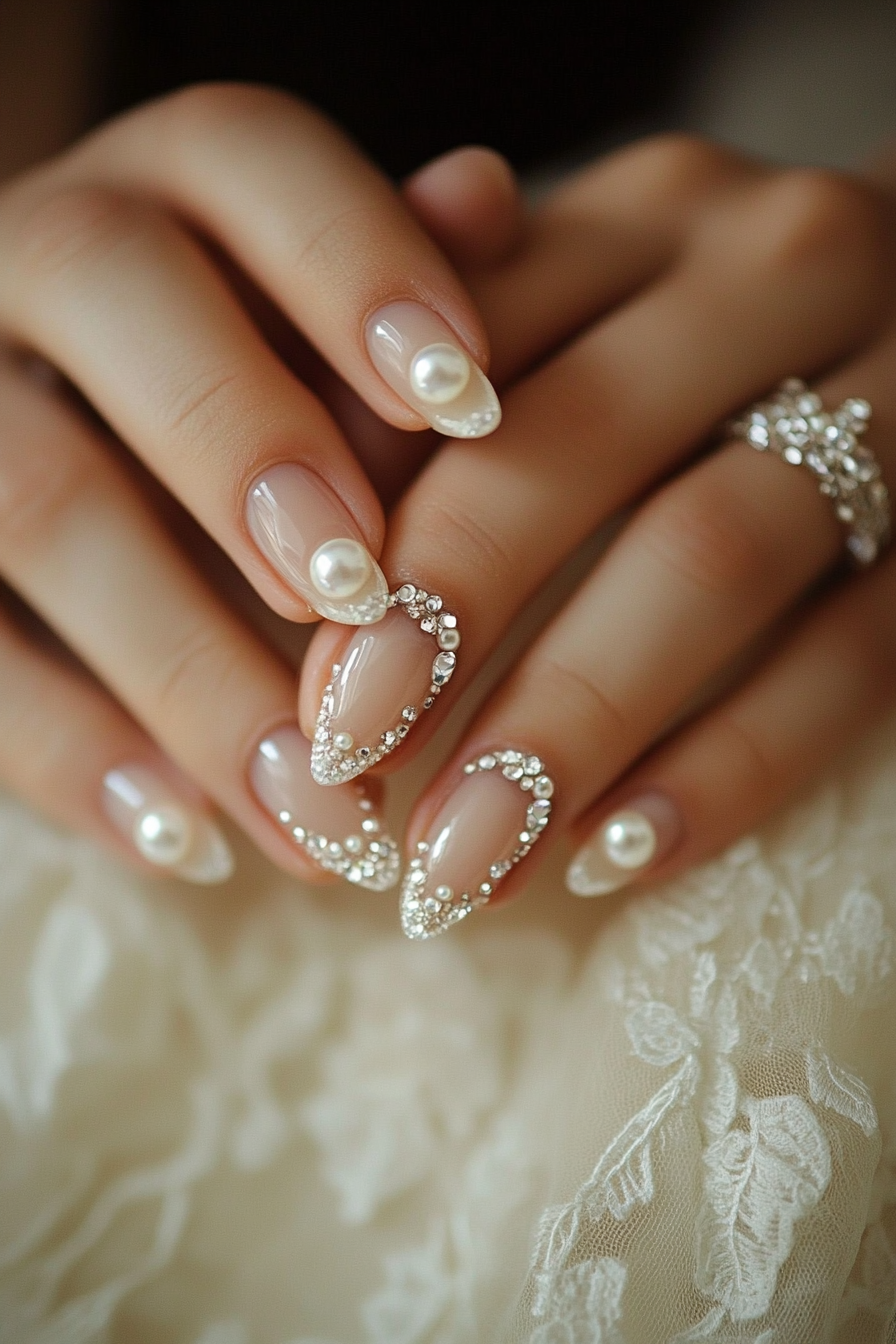 Wedding day manicure. french manicure with crystal tips and pearl accents.