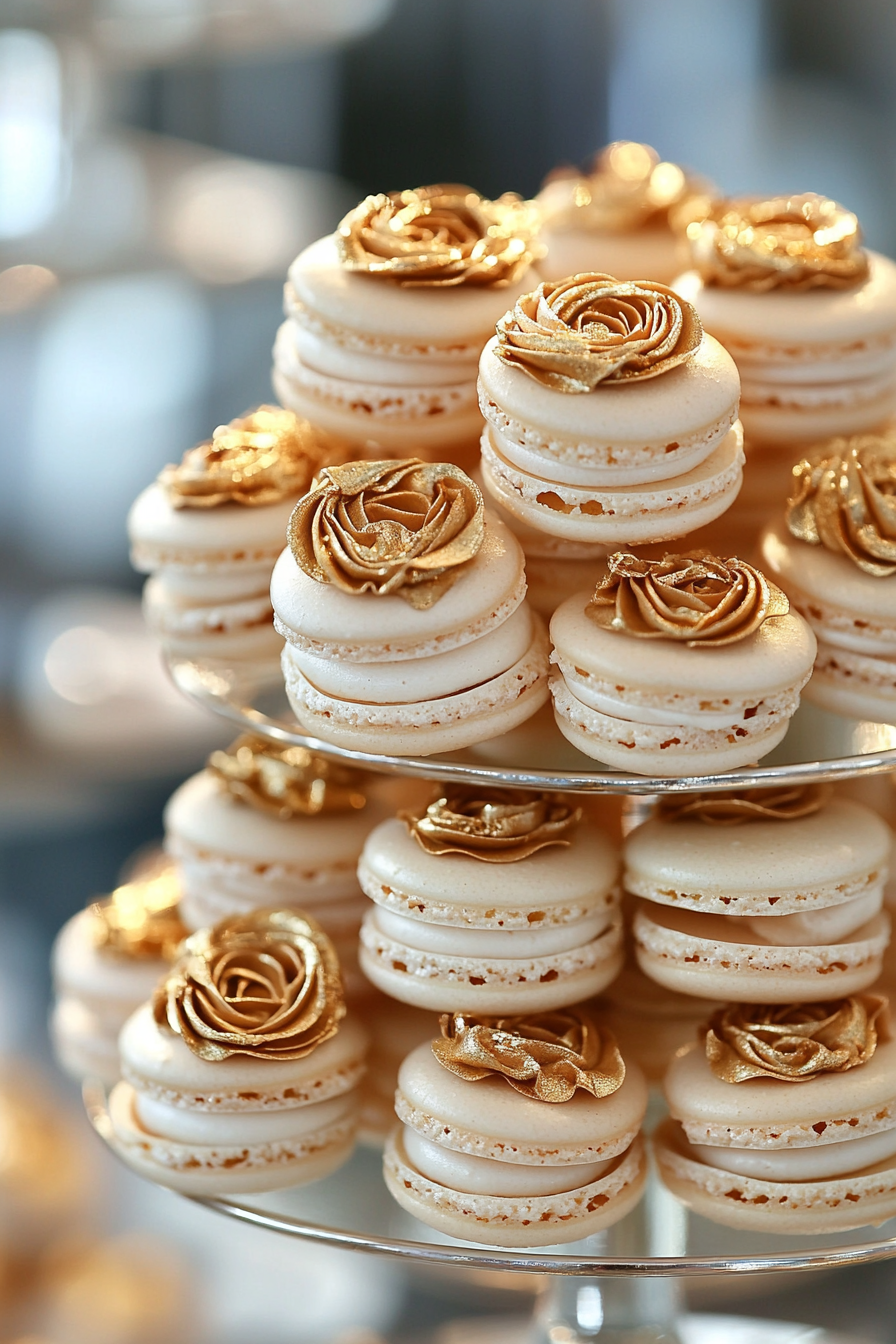 Wedding dessert display. Macarons tower with edible gold-dusted roses.