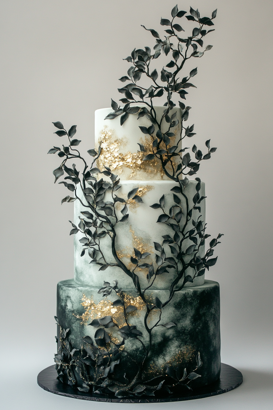 Wedding cake display. Fondant vine hand-painting embellished with gold leaf.