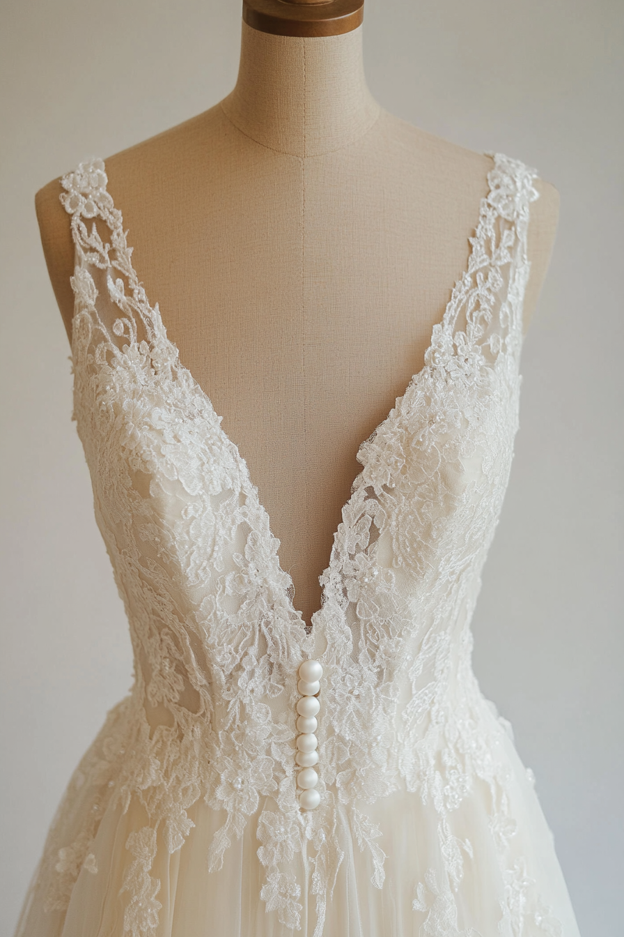 Wedding dress collection. A-line gown with Chantilly lace, adorned by pearl buttons.