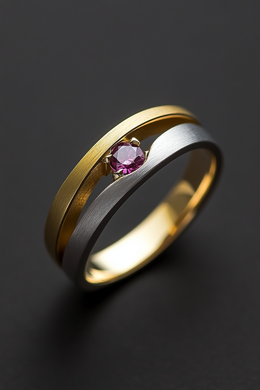 Wedding ring collection. White and yellow gold band with hidden pink diamond.