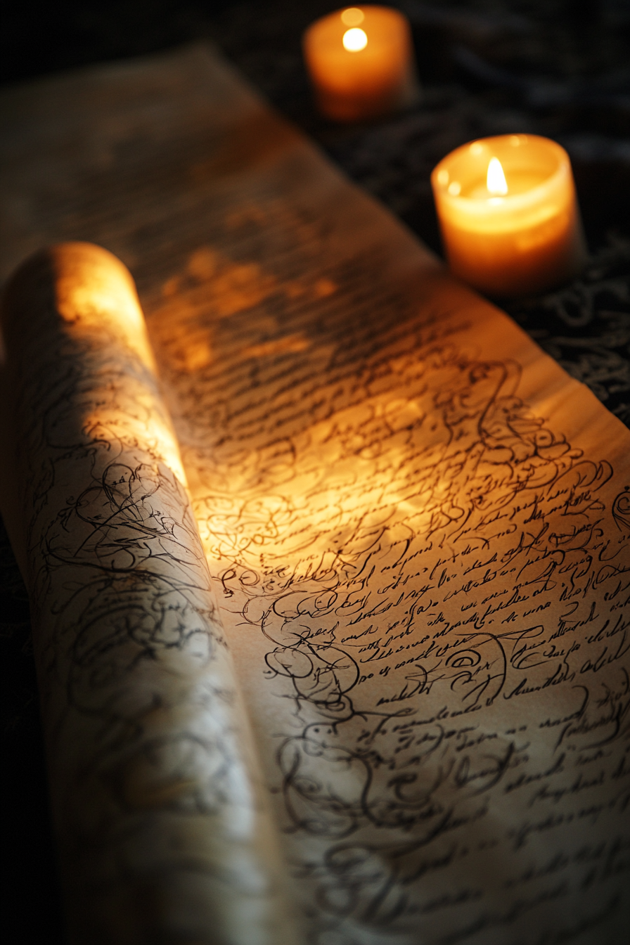 Wedding ceremony feature. Calligraphy scrolled marriage vows on illuminated parchment.