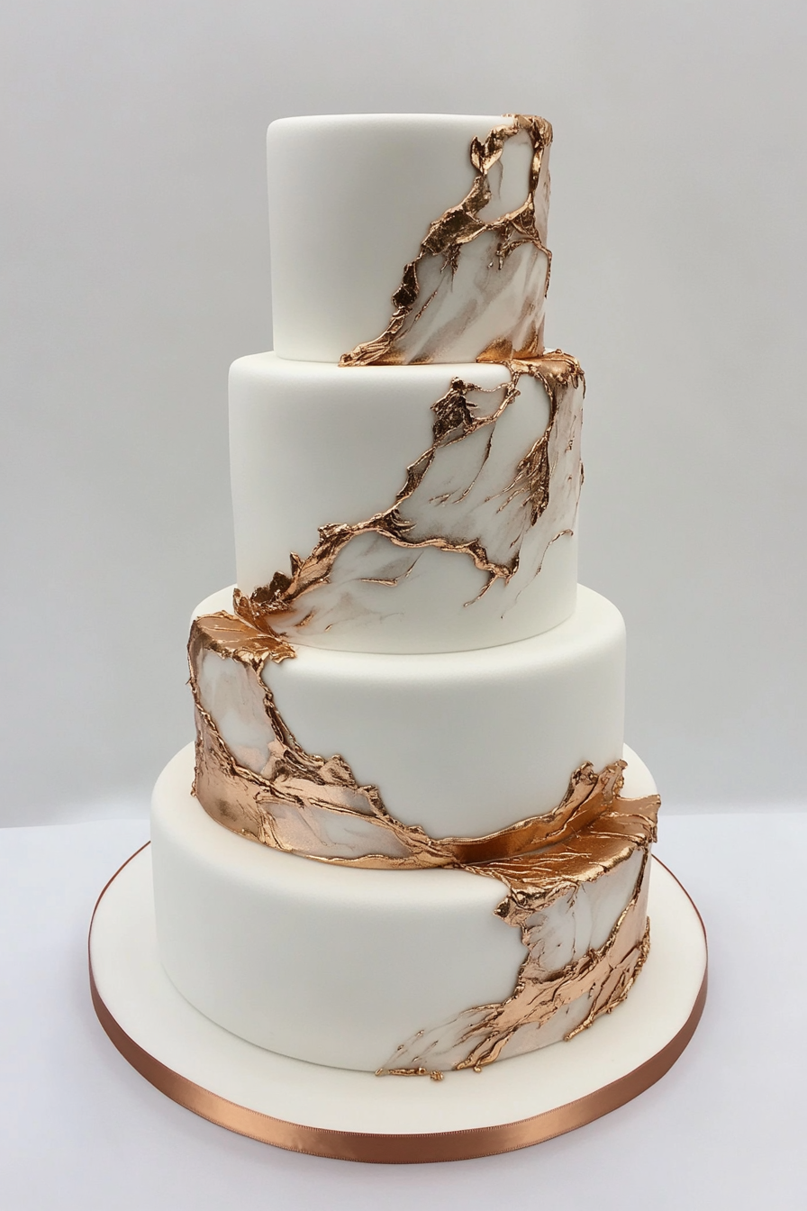 Wedding cake design. Tiered white fondant cake with gold veining and rose gold metallic tiers.