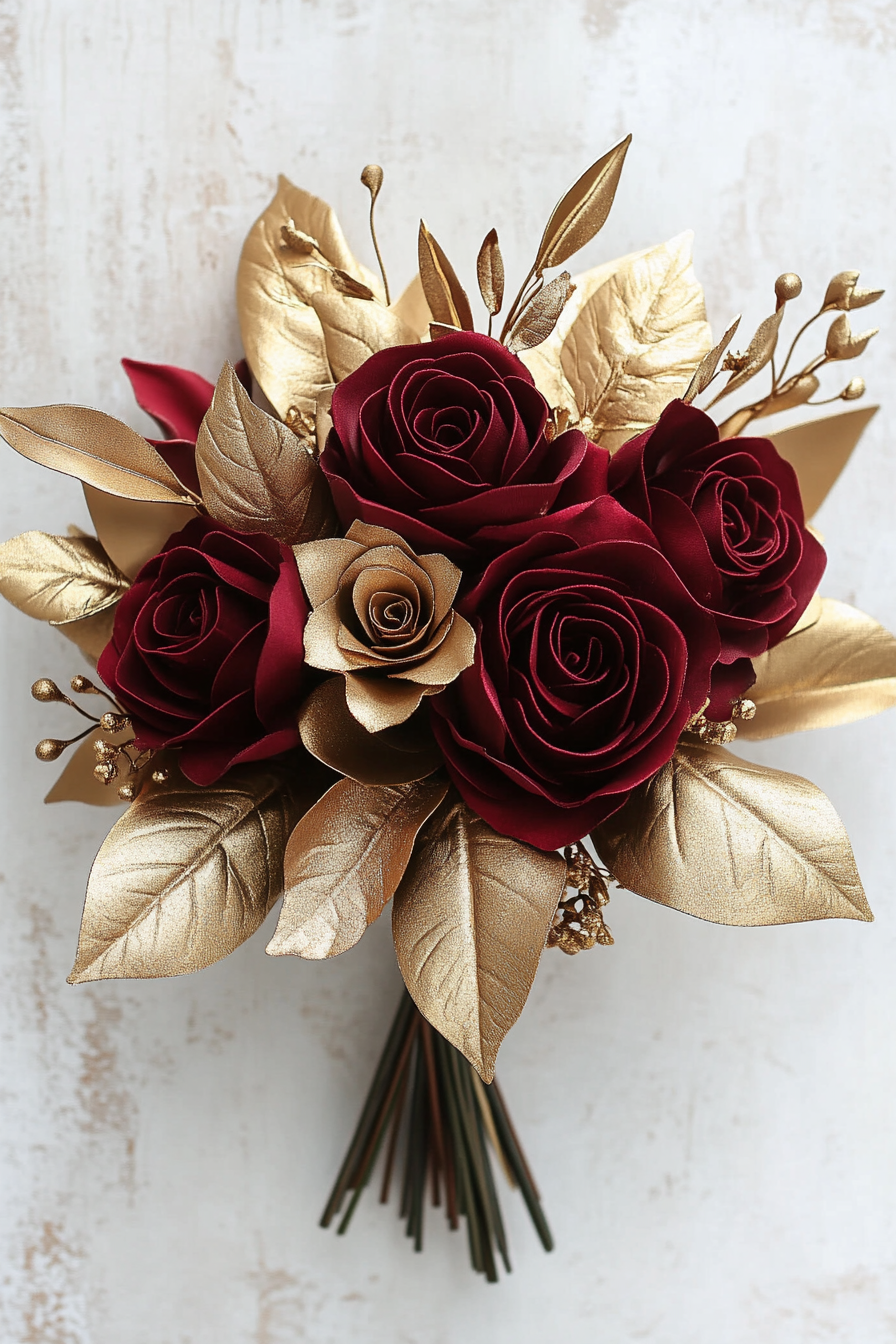 Wedding Bouquet. Burgundy roses with gold magnolia leaves arrangement.