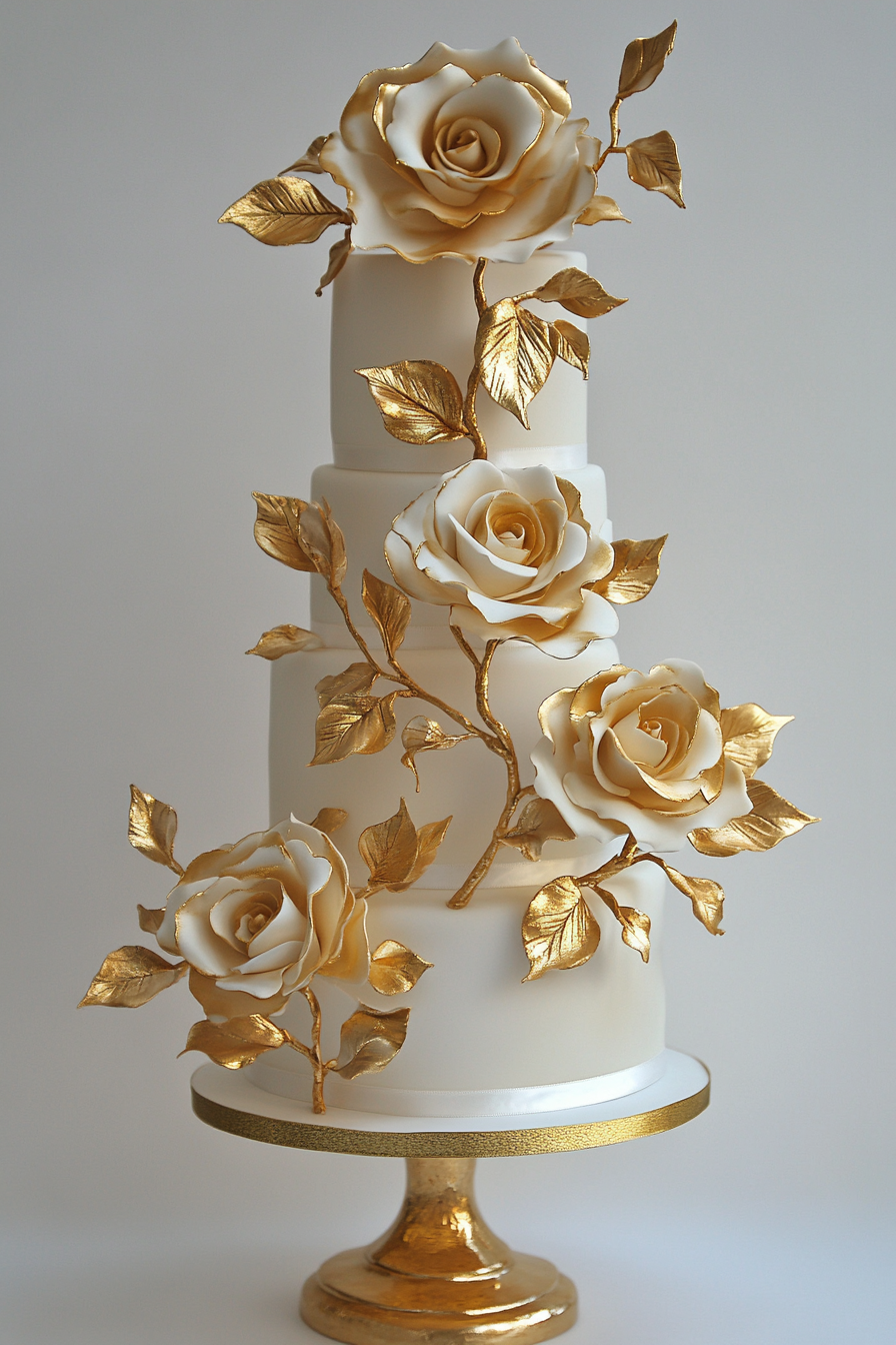 Wedding cake display. Gold leaf adorned hand-painted fondant roses.