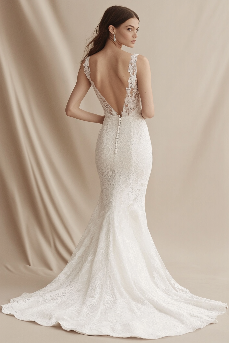 Wedding Dress Collection. Chantilly lace mermaid gown with pearl button back detail.