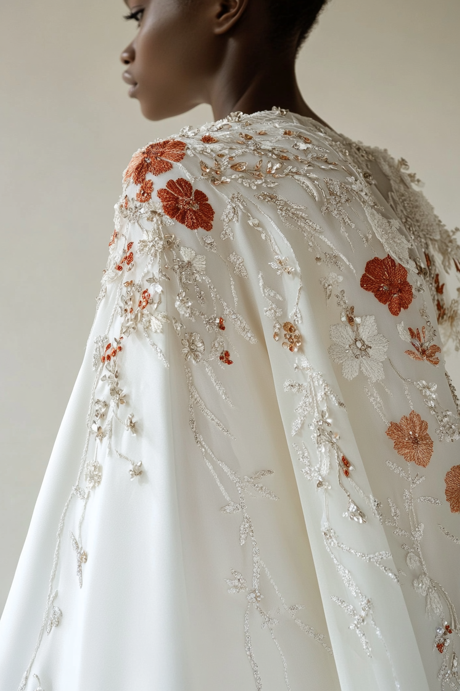 Wedding gown feature. White satin cascading cape embellished with intricate hand-embroidered narratives, scattered Swarovski crystals.