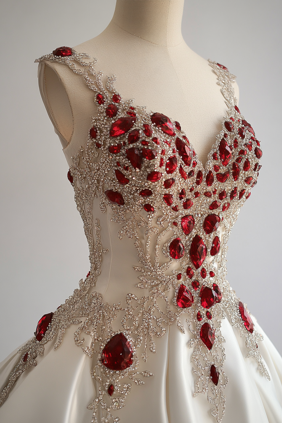 Wedding gown. Cathedral train, ruby encrusted crystalized bodice.