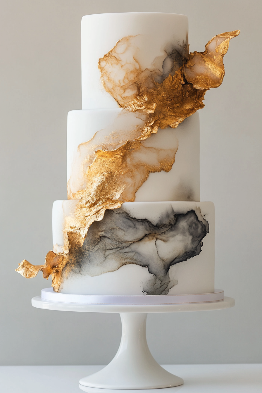 Wedding cake display. Hand-painted fondant white buttercream cake with edible gold leaf design.