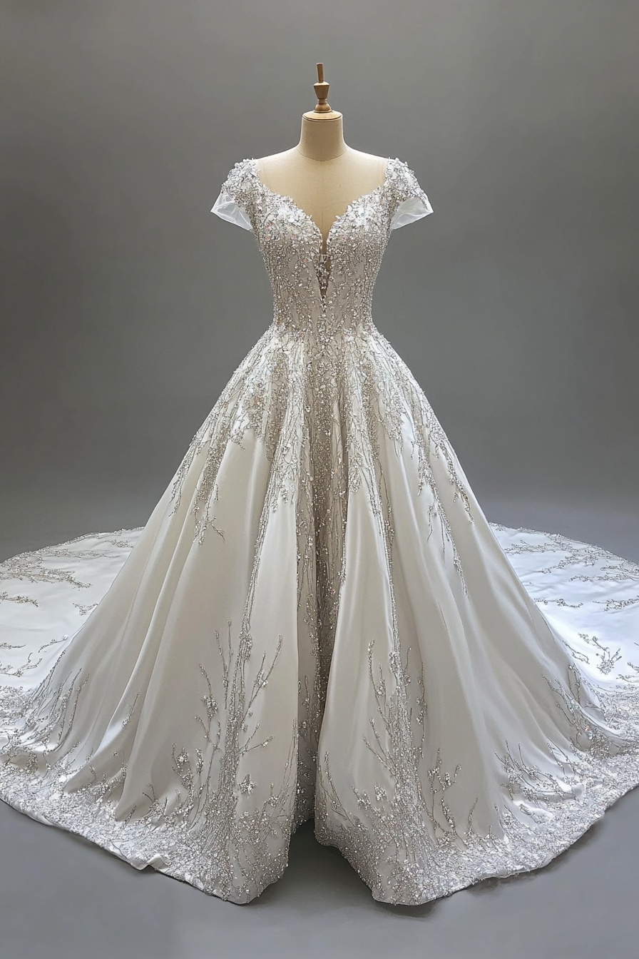 Wedding Gown Collection. Crystalized bodice dress with silk cathedral train.