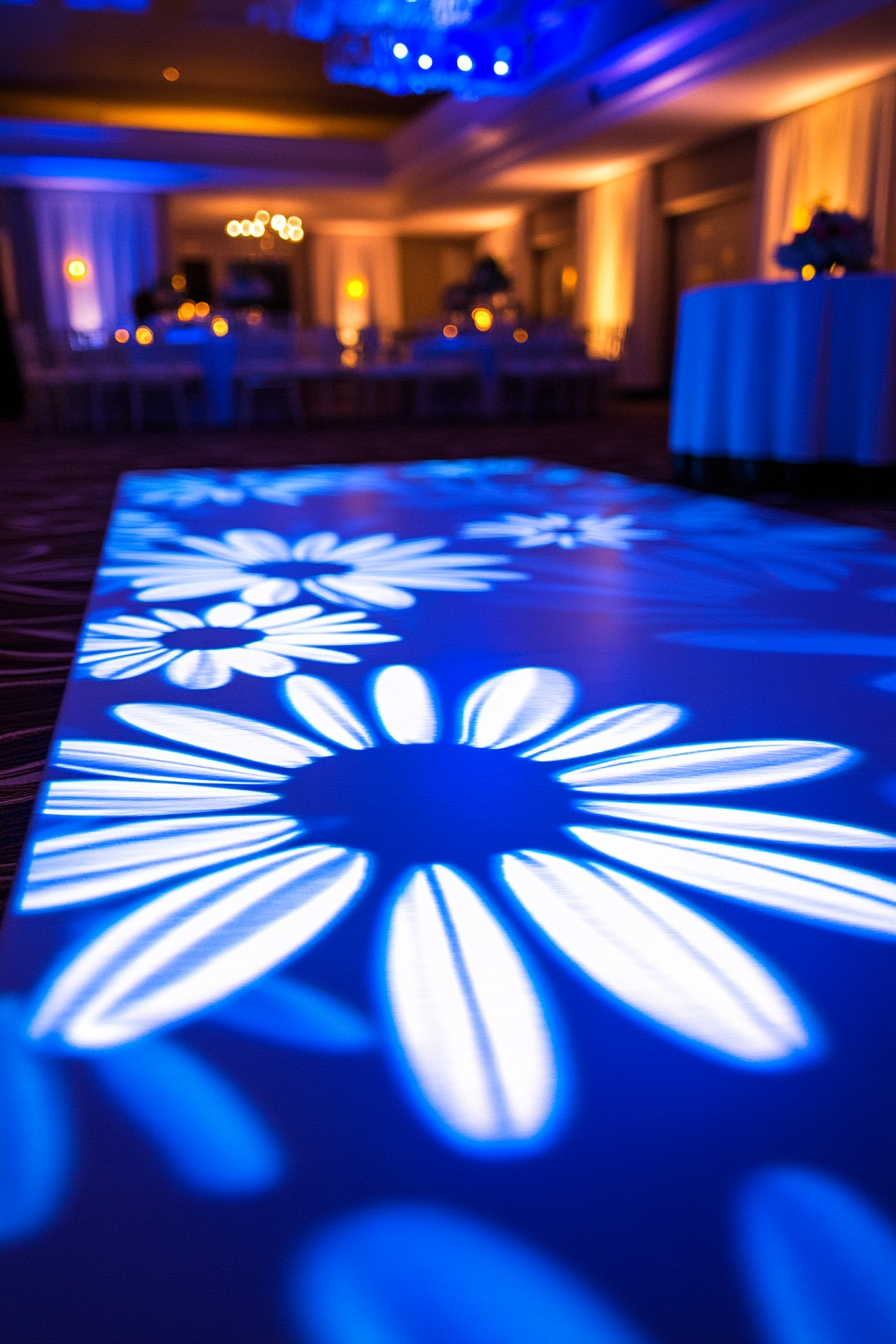 Wedding entertainment space. White daisy pattern monogram projection with royal blue LED borders.