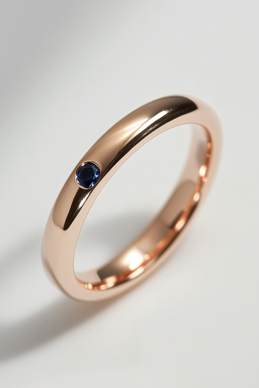 Wedding ring collection. Rose gold band with hidden sapphire.