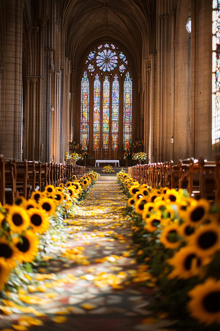 Wedding ceremony setting. Gothic cathedral interior with amber stained glass, and sunflower-lined aisles.