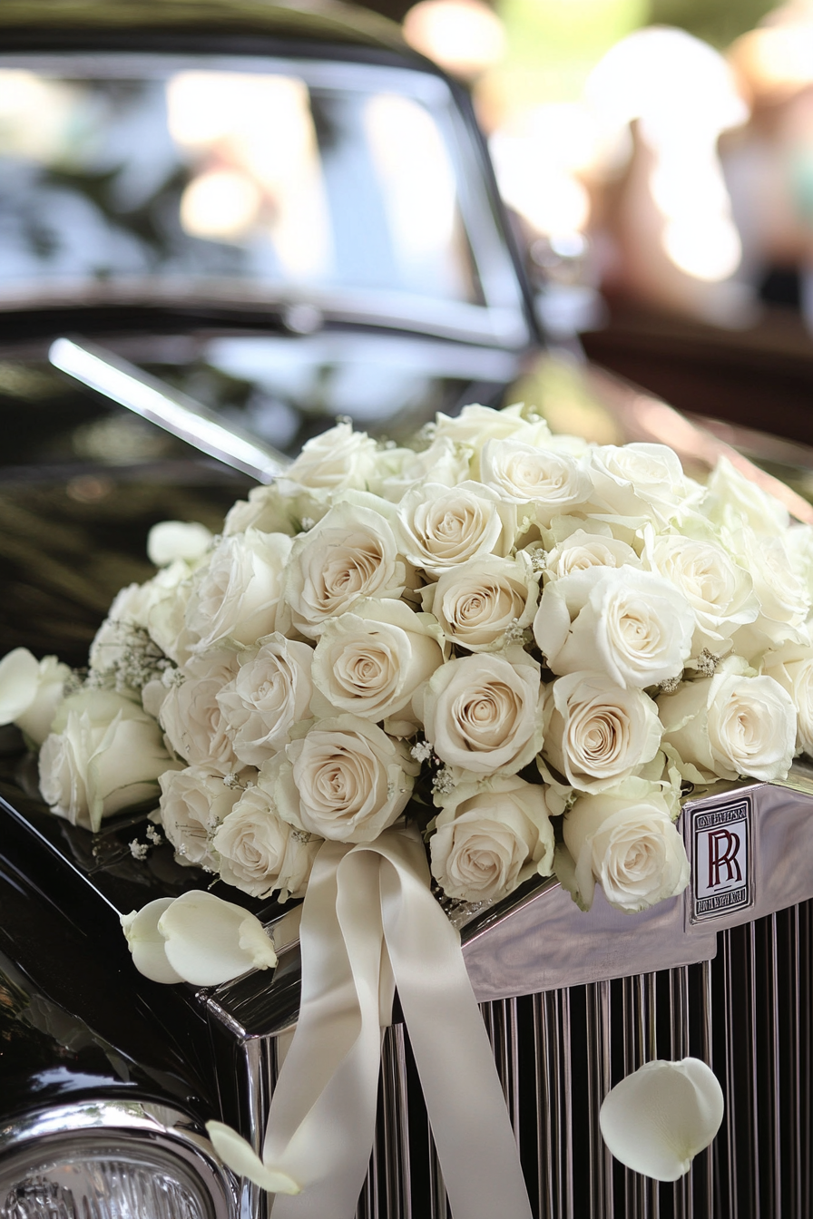 Wedding transport design. Vintage Rolls Royce adorned with white roses and cascading satin ribbons.