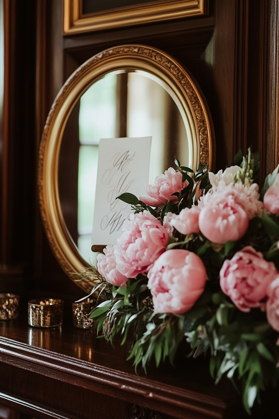 Wedding entrance display. Mirror calligraphy on gold-framed circular mirror, pink peonies.