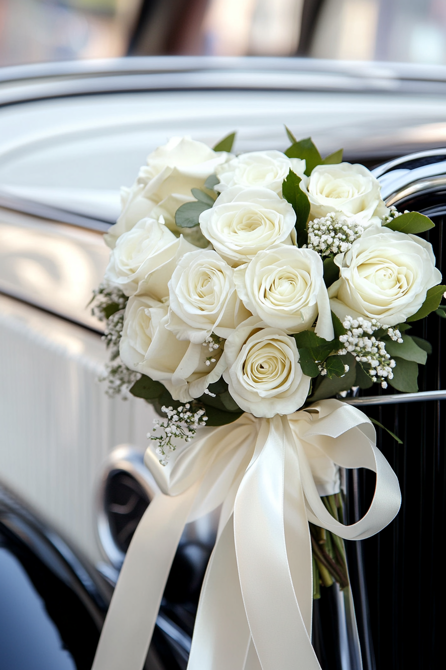 Wedding transport design. Vintage car garnished with white roses and flowing satin ribbons.