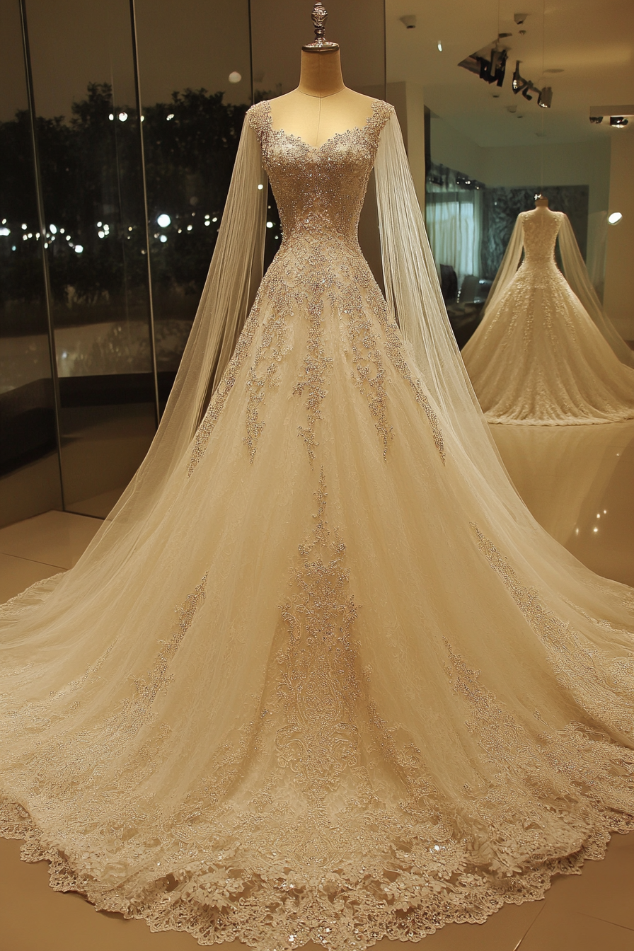 Wedding gown. Antique lace, crystalized bodice, cathedral train.