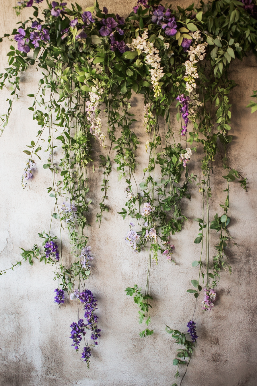 Wedding ceremony backdrop. Fresh greenery and purple wildflowers.