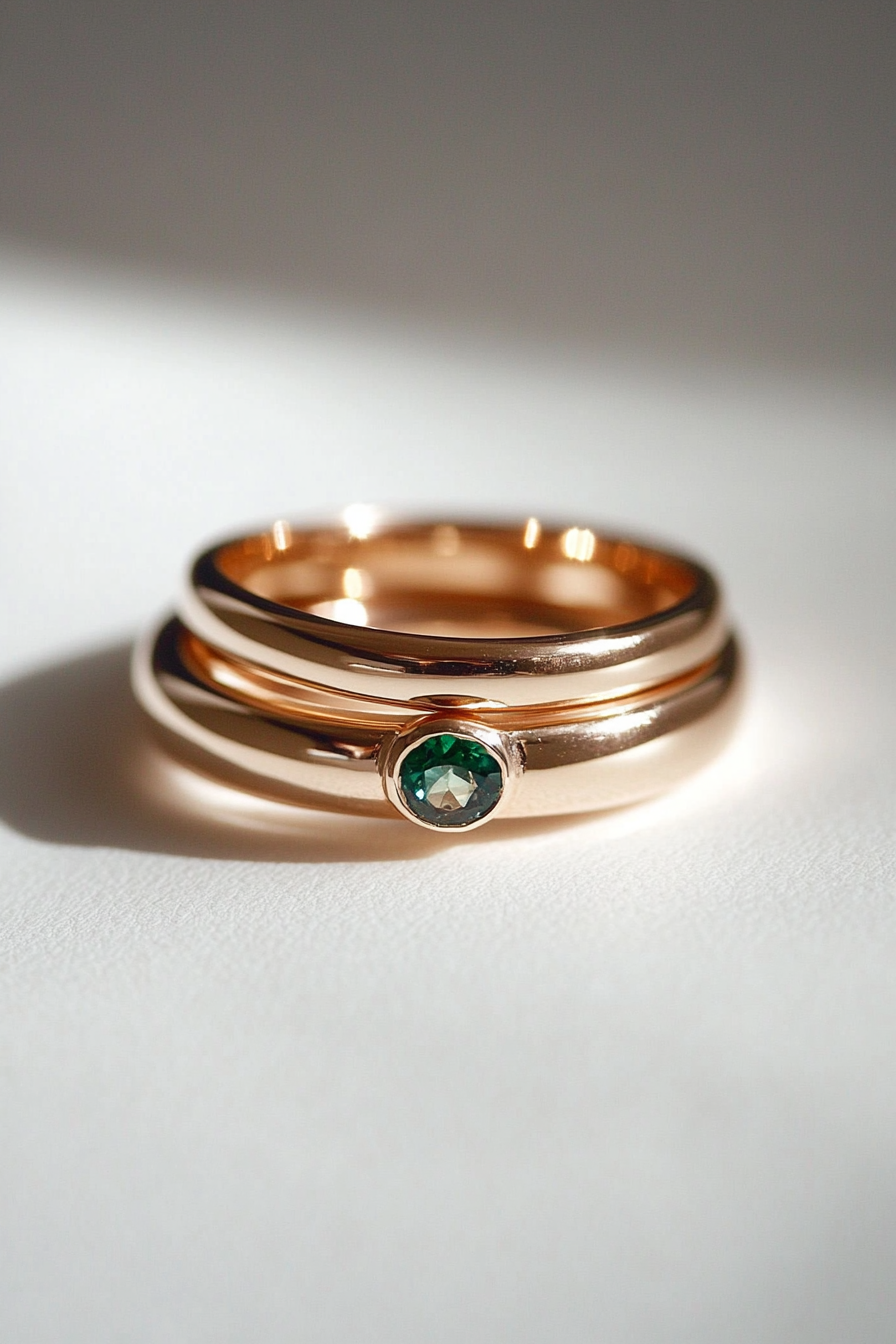 Wedding ring collection. Rose gold band with hidden emerald.