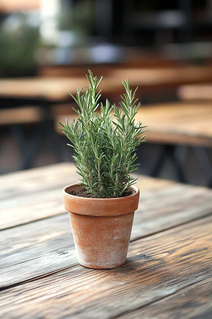 Wedding reception setup. Rosemary potted centerpiece on rustic wooden tables.