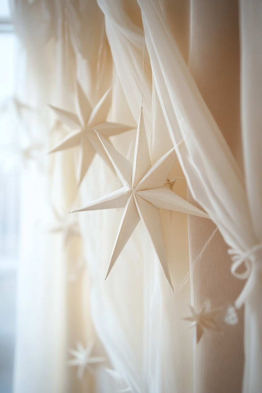 Wedding decor collection. Star motif curtains with creamy white fabric.