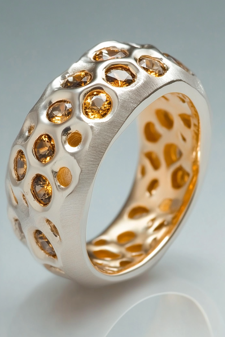 Wedding ring. White and yellow gold band subtly infused with topaz stones.