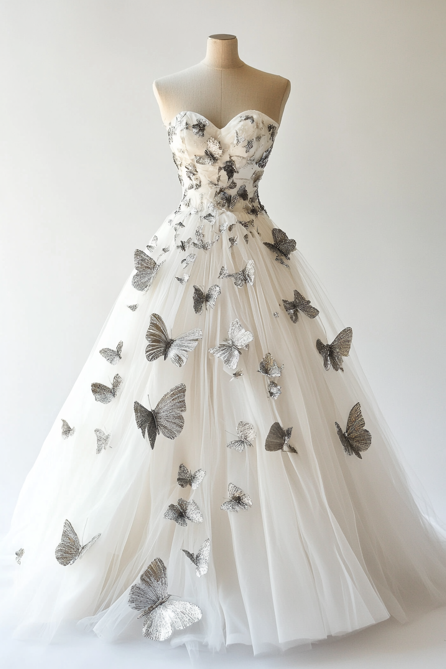 Wedding ball gown. Tulle layers, silver butterfly appliques.