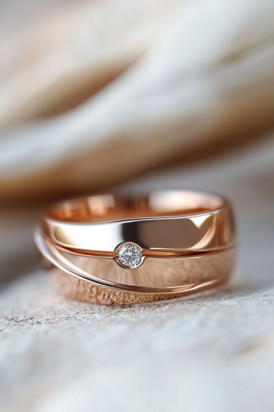 Wedding ring collection. Rose gold band with hidden diamond.