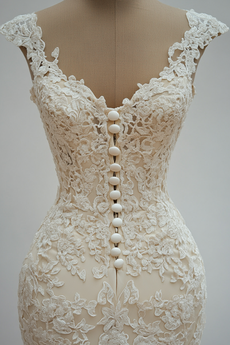 Wedding dress collection. Ivory mermaid dress with Chantilly lace and pearl buttons.