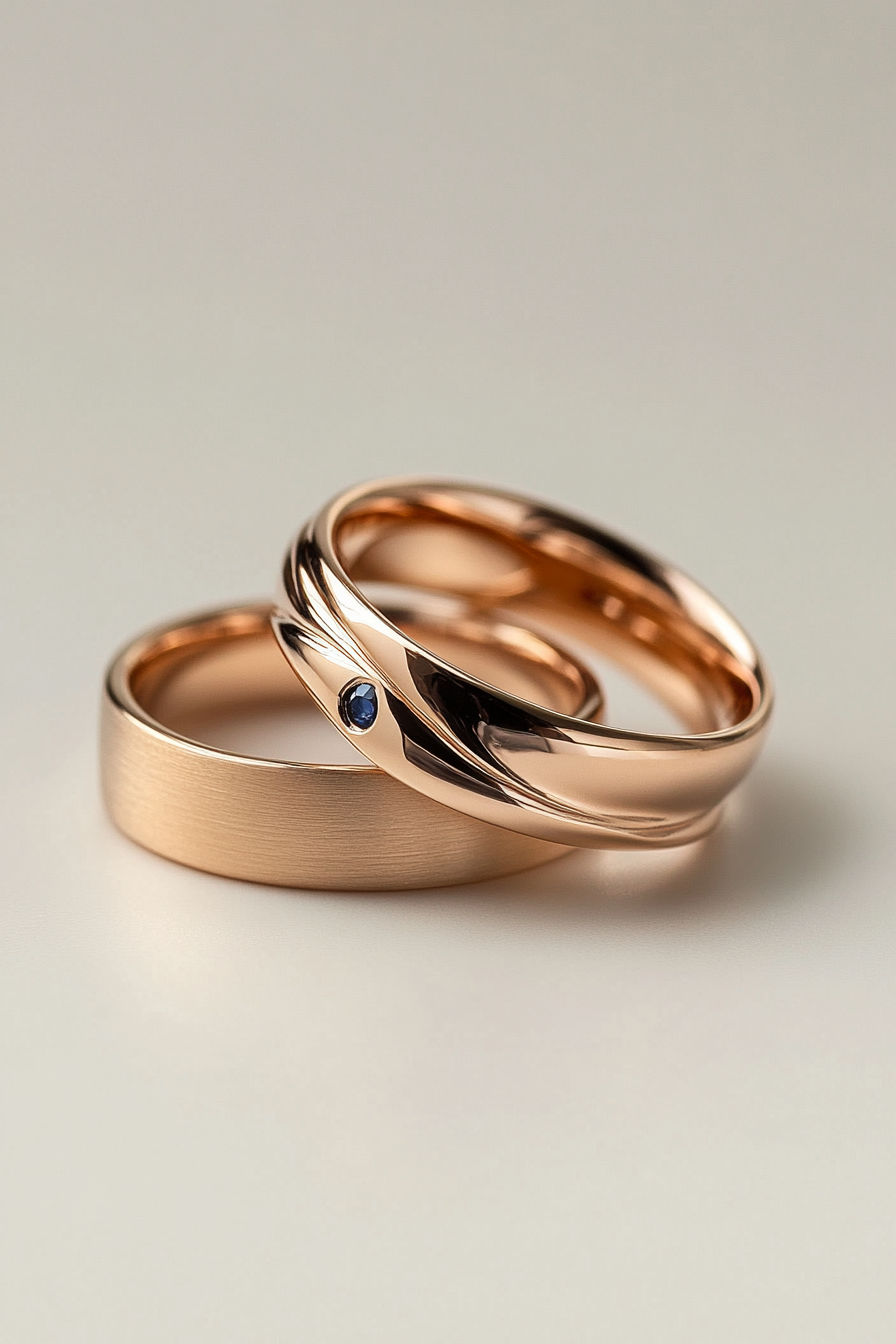 Wedding ring collection. Rose gold band with hidden sapphire.