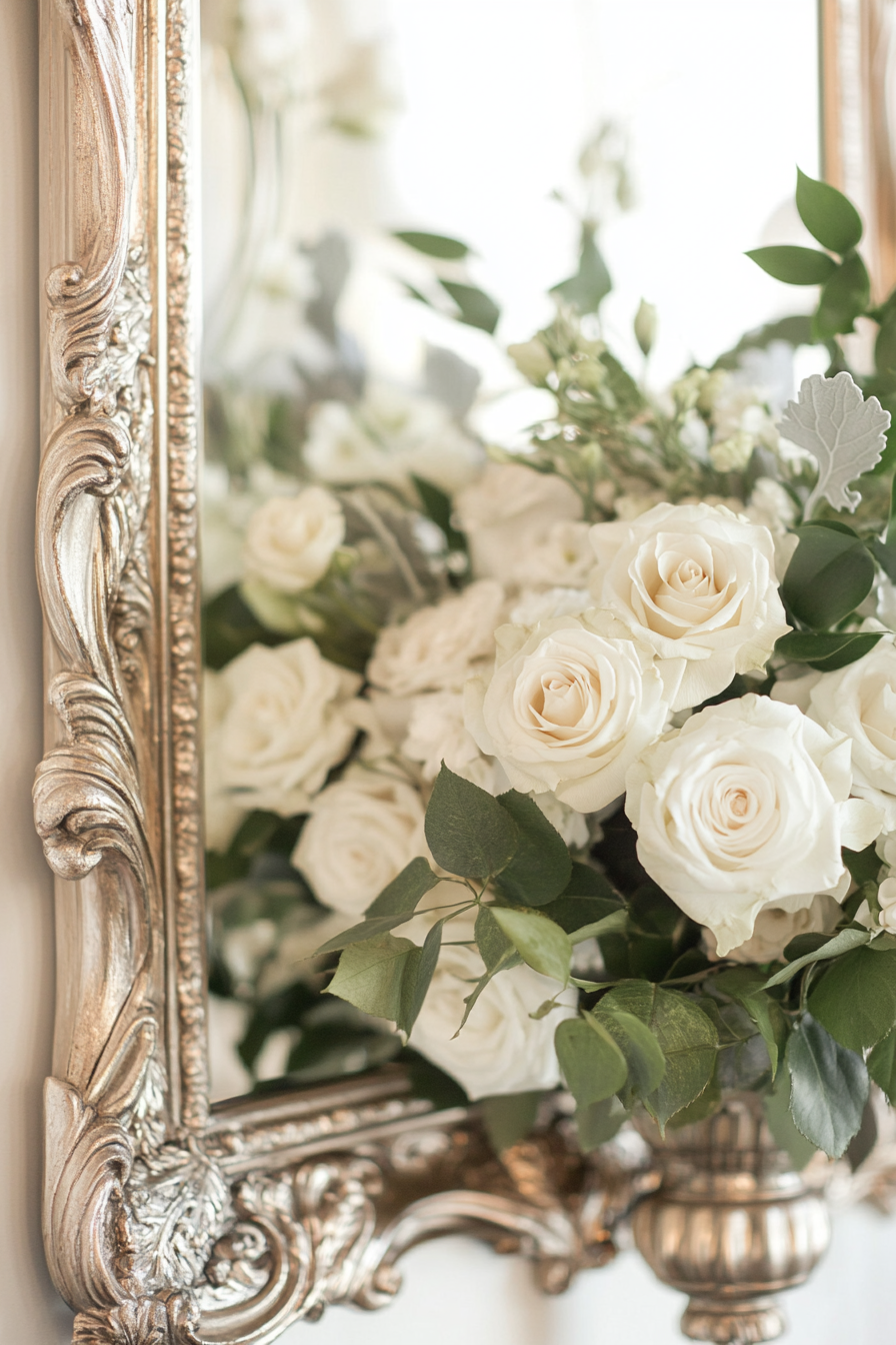 Wedding Entrance Display. Antique silver mirror with white rose calligraphy.