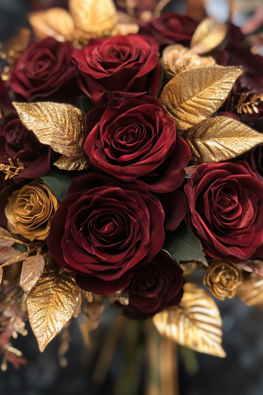 Wedding bouquet. Burgundy roses with gold leaf accents.