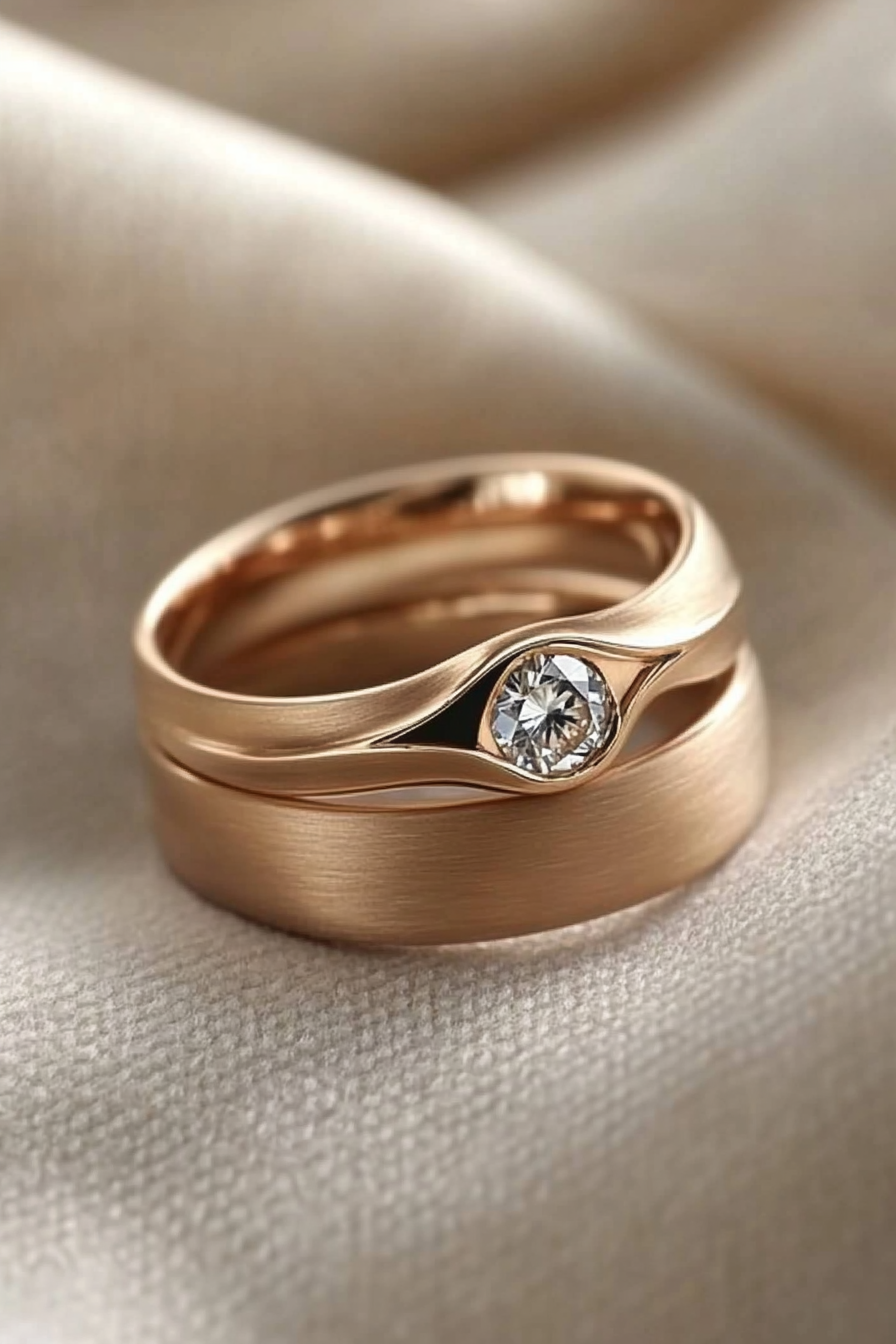 Wedding ring collection. Rose gold band with inward-facing diamond.