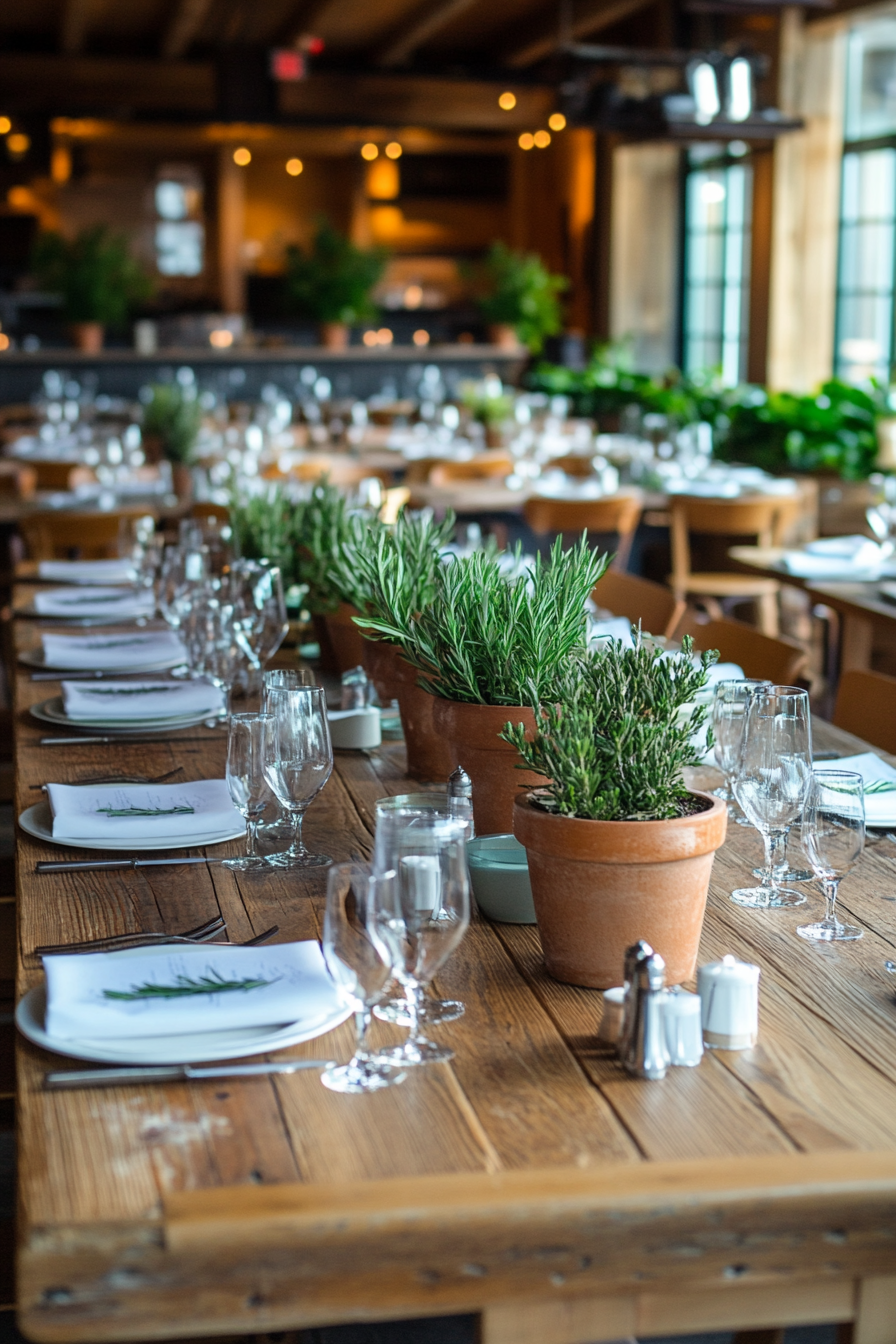 Wedding reception setup. Aged wood table with sage potted centerpiece.