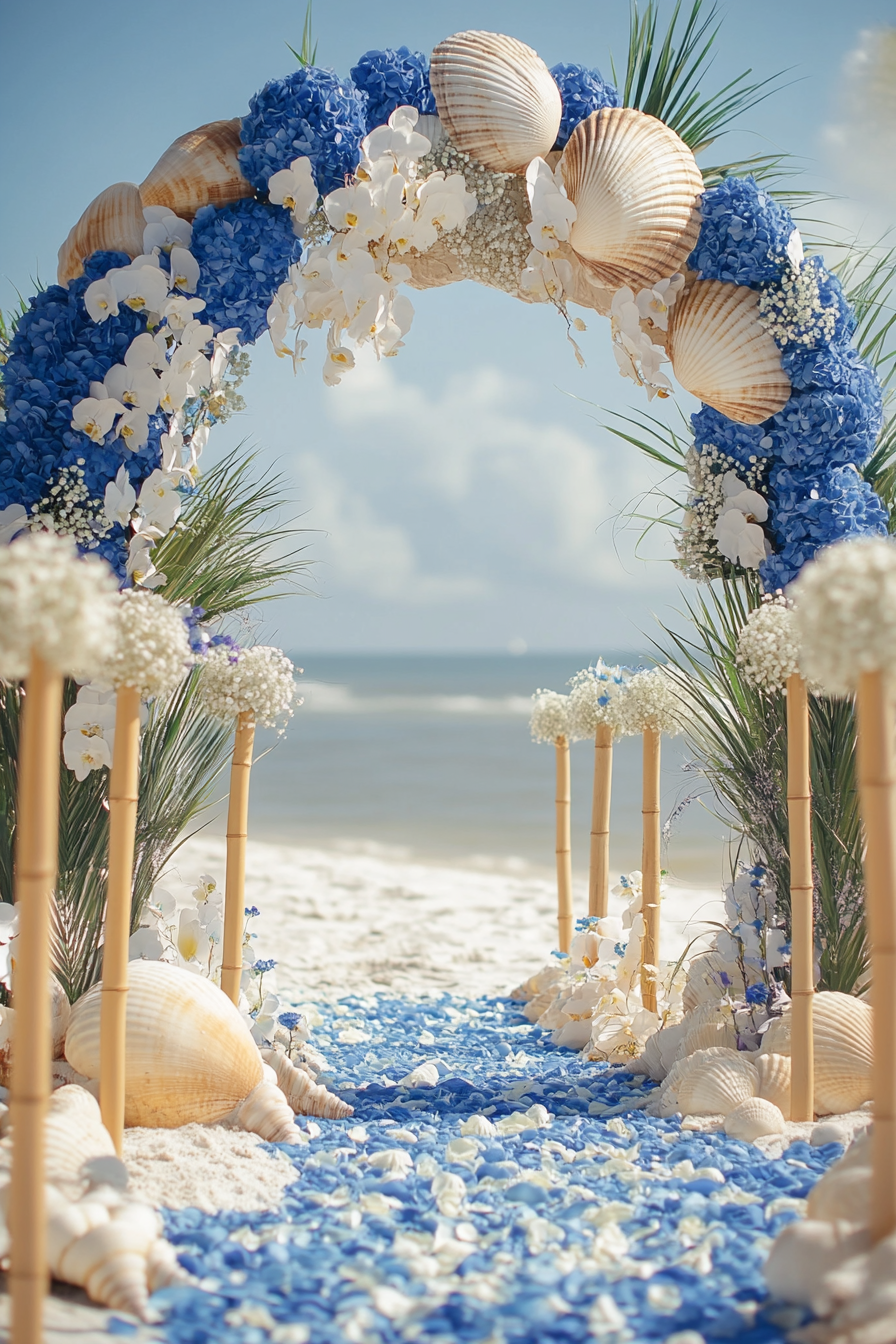 Wedding Beach Setup. Shell arch, tiki torches, blue and white floating flowers.