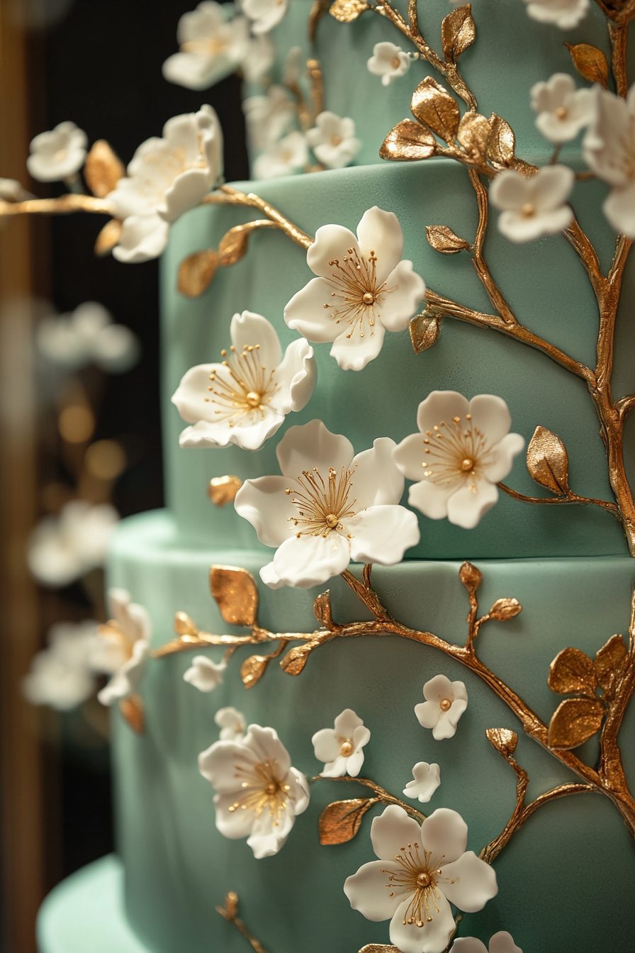 Wedding cake display. Gold leaf, cherry blossoms hand-painted on jade green fondant.