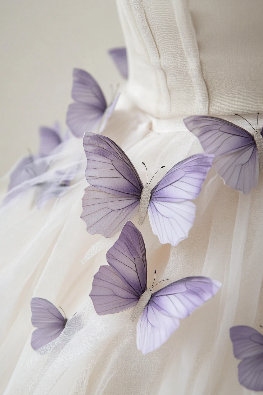 Wedding ball gown. Ivory tulle layers with lilac butterfly appliques.