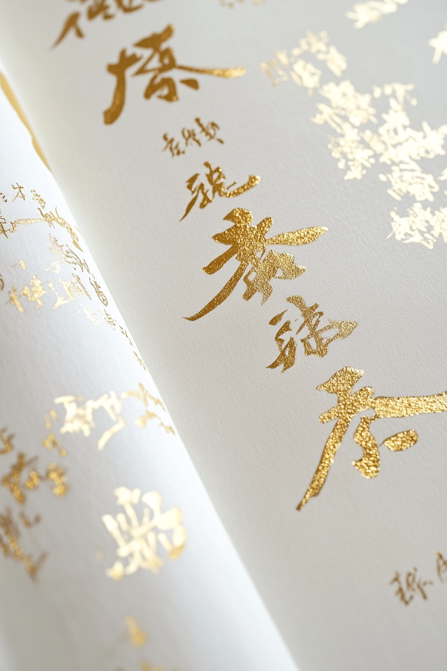 Wedding ceremony feature. Gold-foiled calligraphy on pristine white scroll.