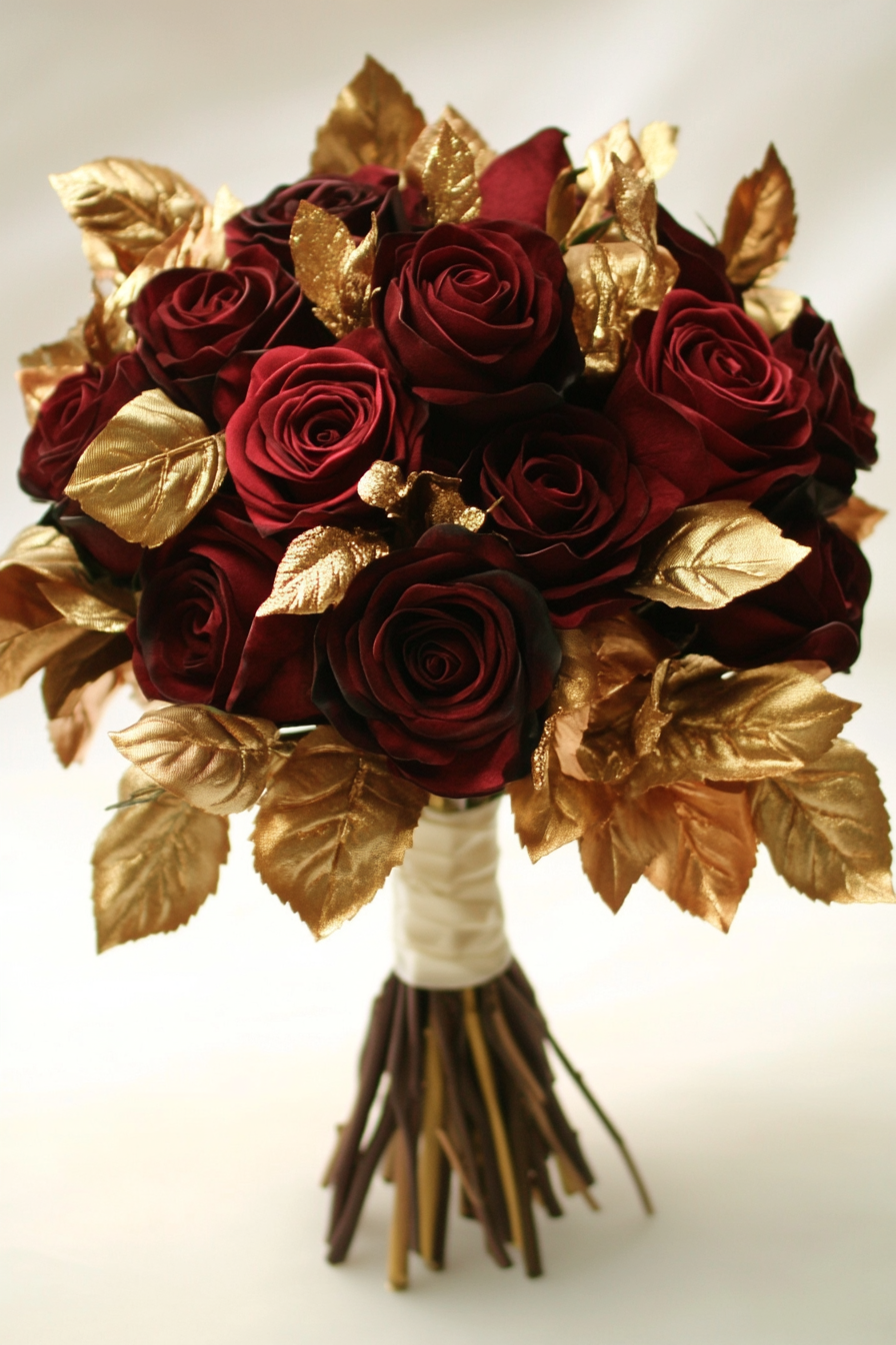 Wedding bouquet. Burgundy roses with gold leaves tied in white silk.