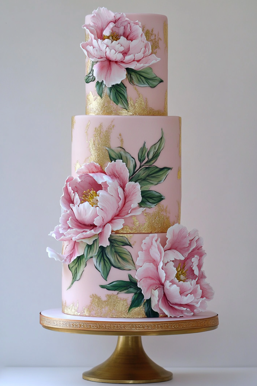 Wedding Cake Display. Pink tiers with gold leaf and hand-painted peonies.