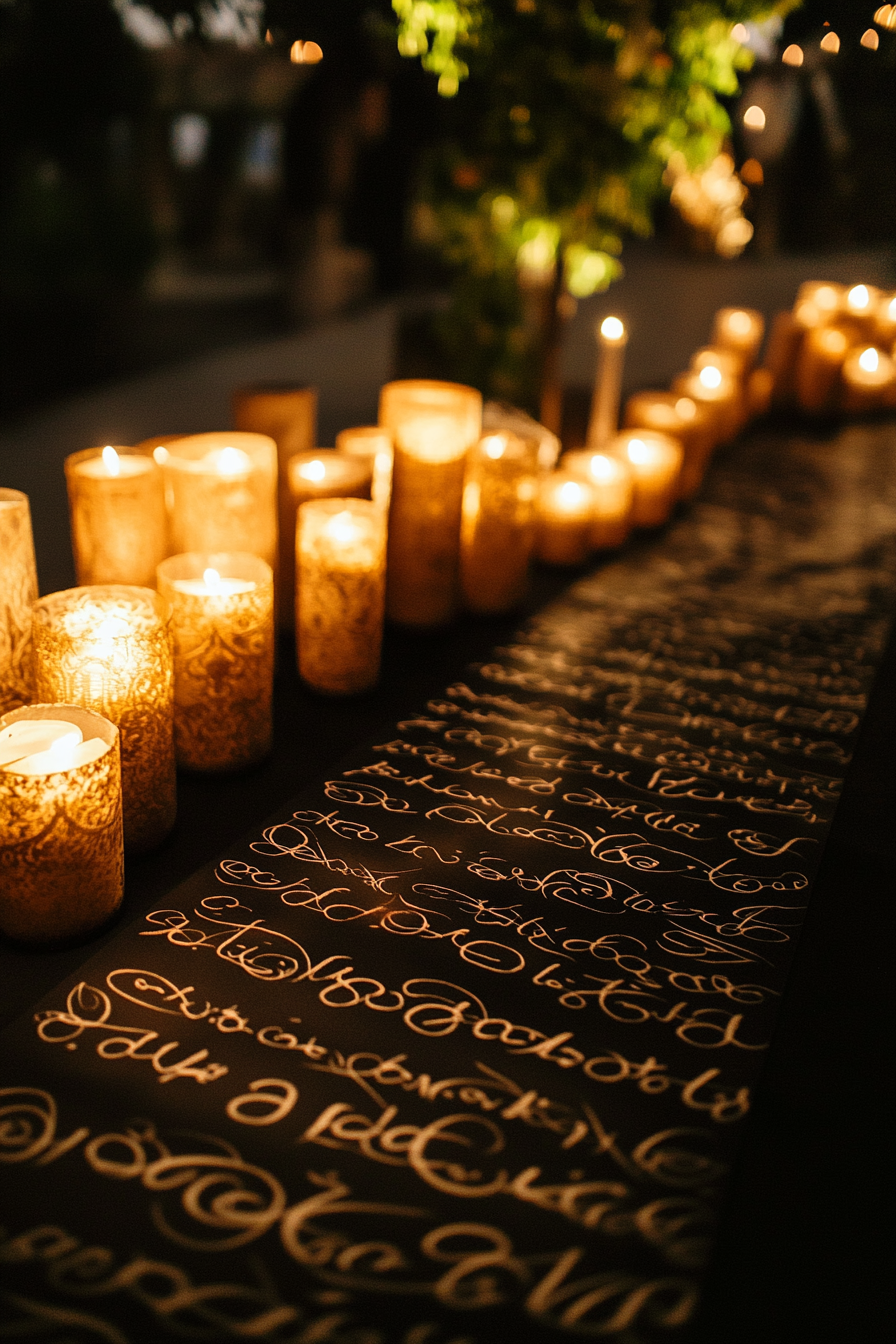 Wedding Ceremony Feature. Calligraphic scrolls crafted against a background of illuminated text.