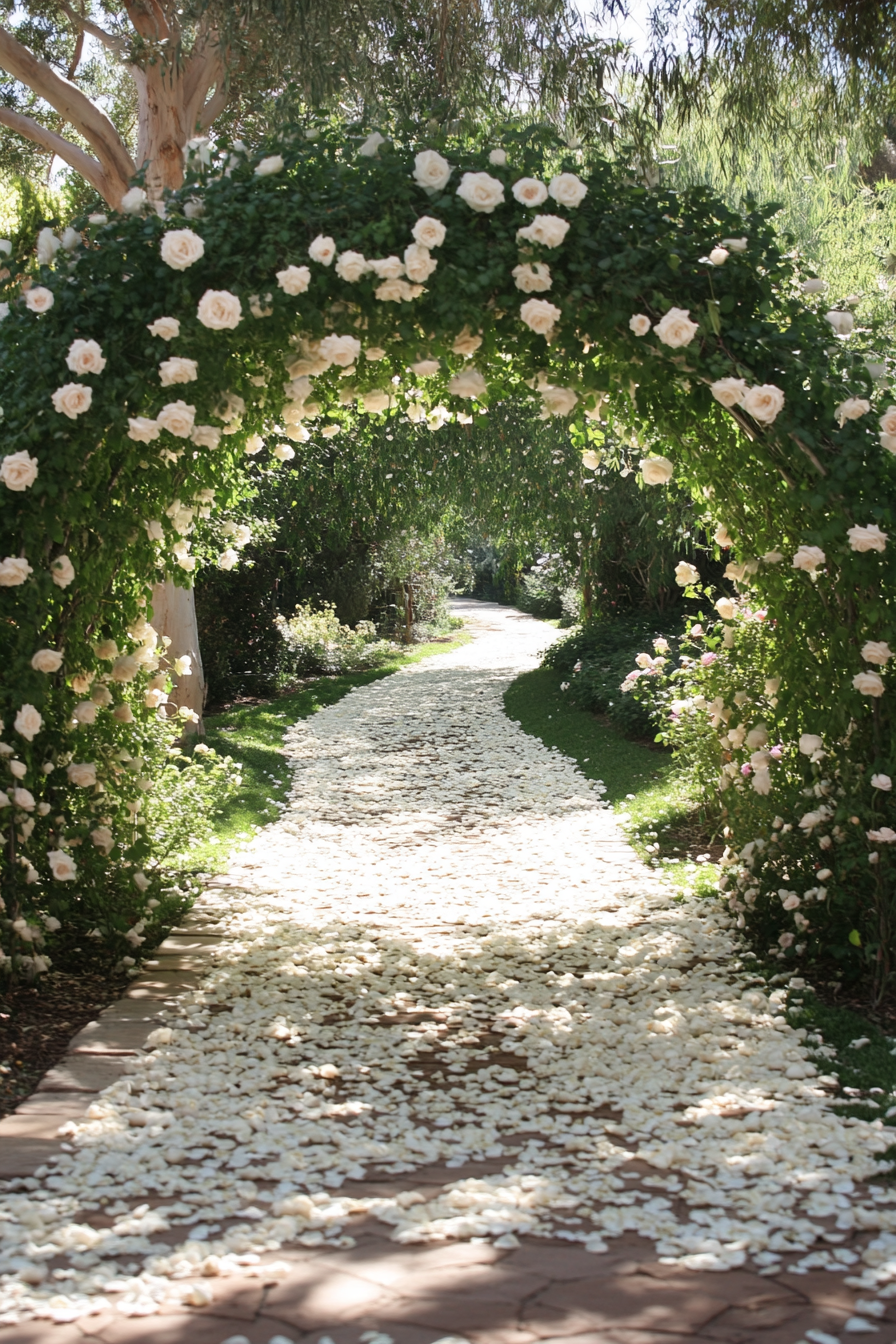 Wedding garden ceremony. Petal pathways beneath ivory rose arches.