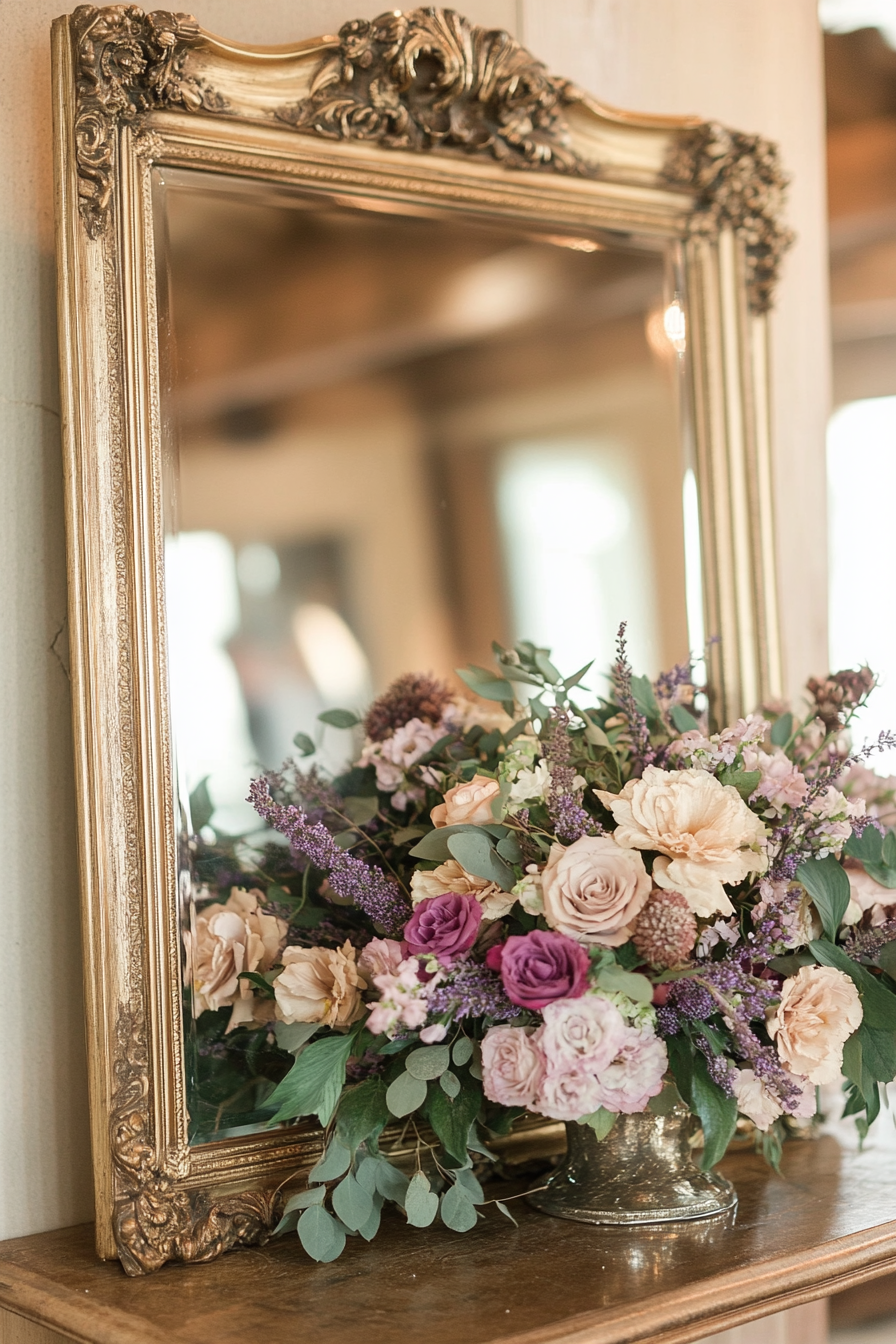 Wedding entrance display. Lavender calligraphy on antique gold mirror with flowers.