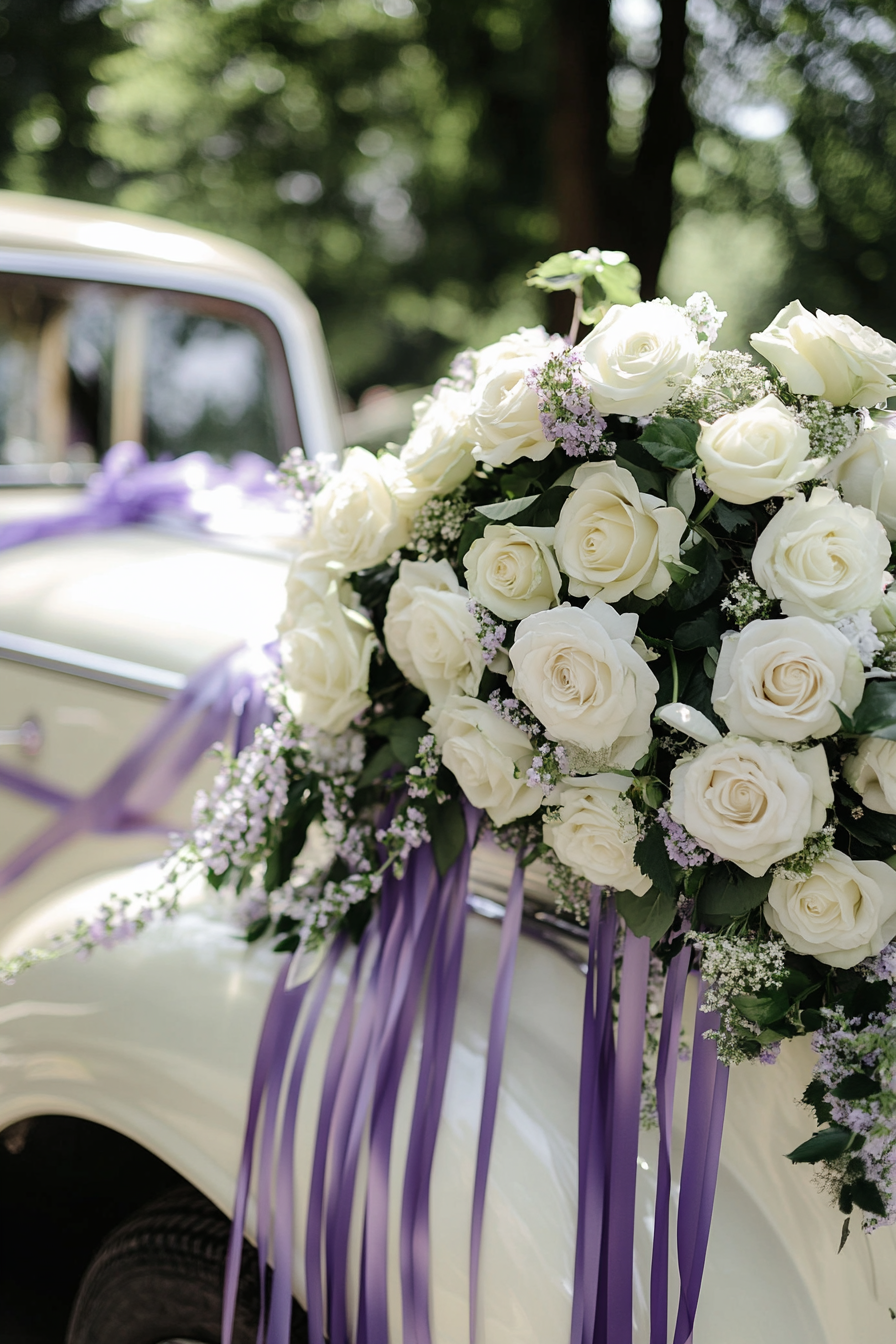 Wedding transport design. Vintage car decorated with white roses and lavender ribbon streams.