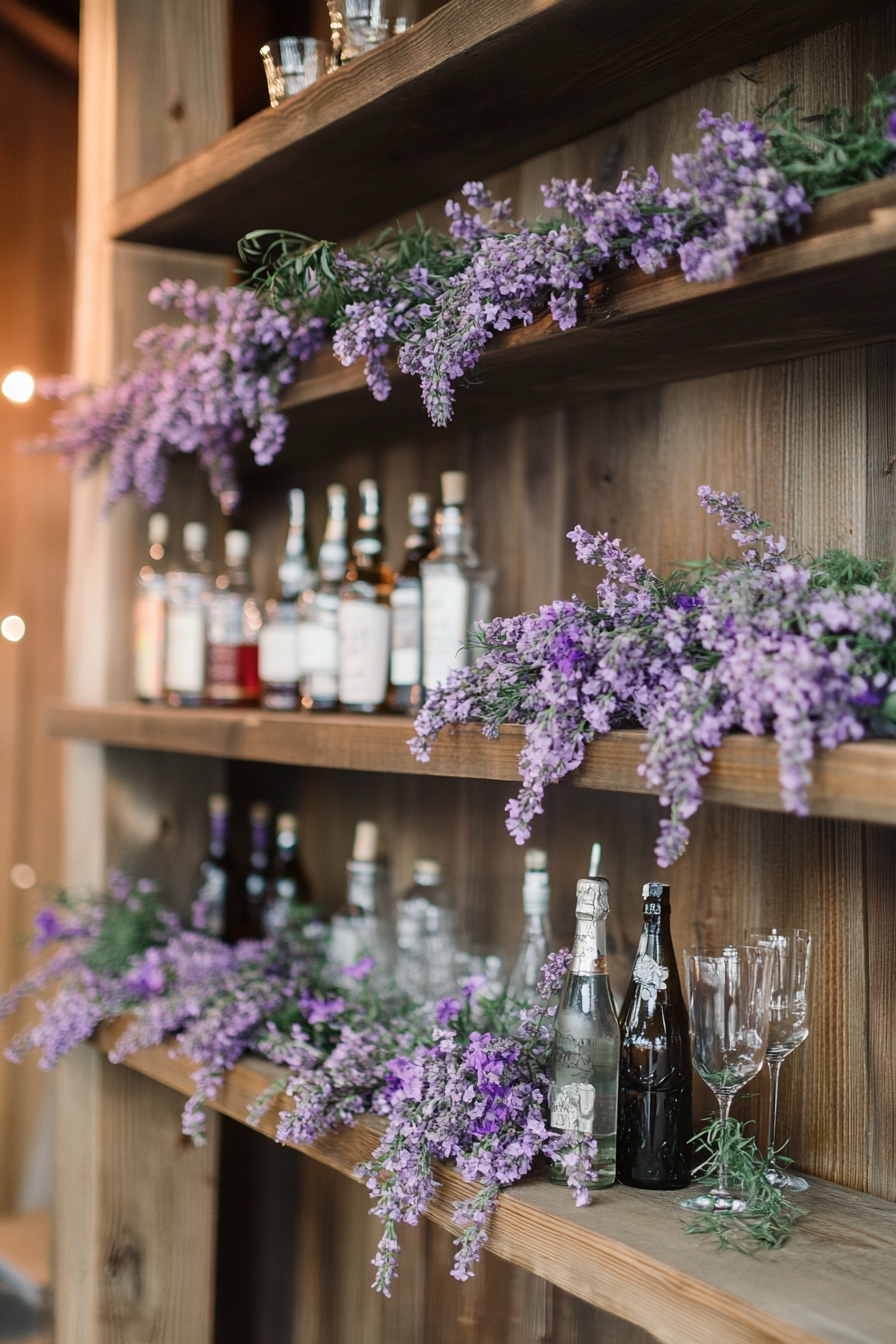 Wedding Bar Display. Floating shelves embellished with lavender floral garlands.