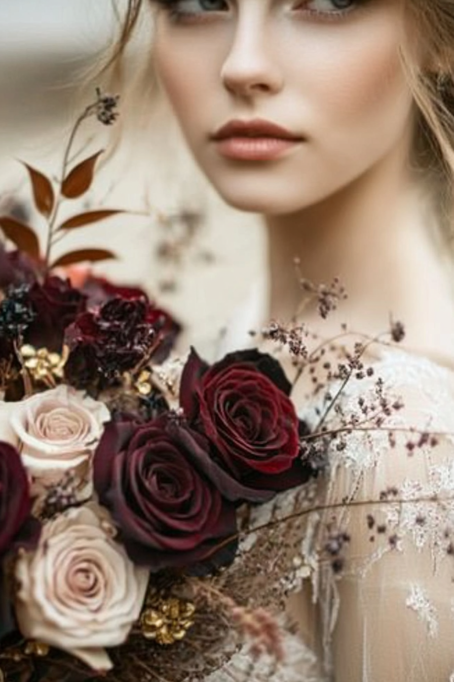 Wedding bouquet. Burgundy roses entwined with tiny gold leaves.