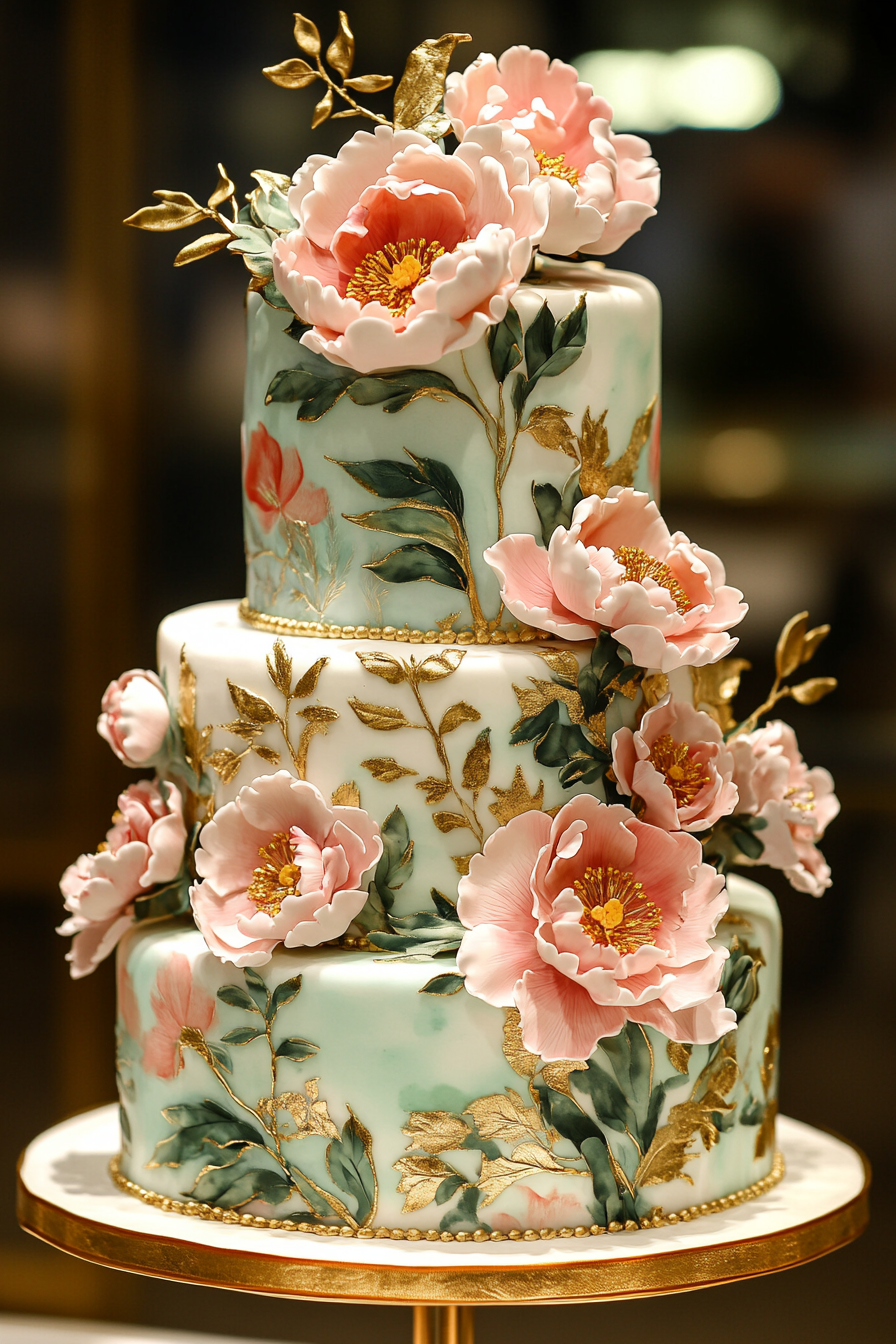 Wedding cake display. Hand-painted fondant, gold leaf accents, pastel peonies.