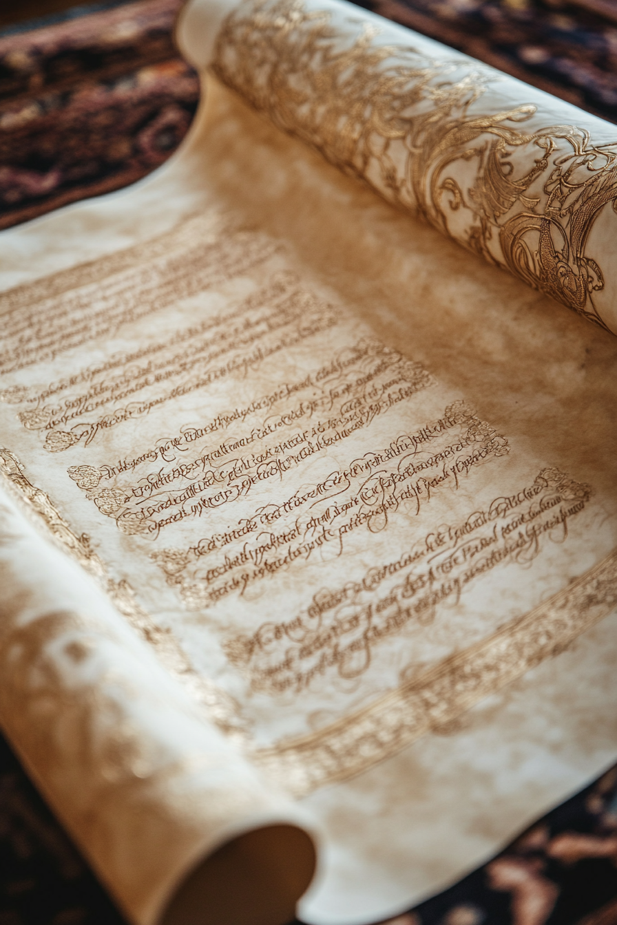 Wedding ceremony. Pale gold illuminated text on ancient parchment calligraphy scroll.