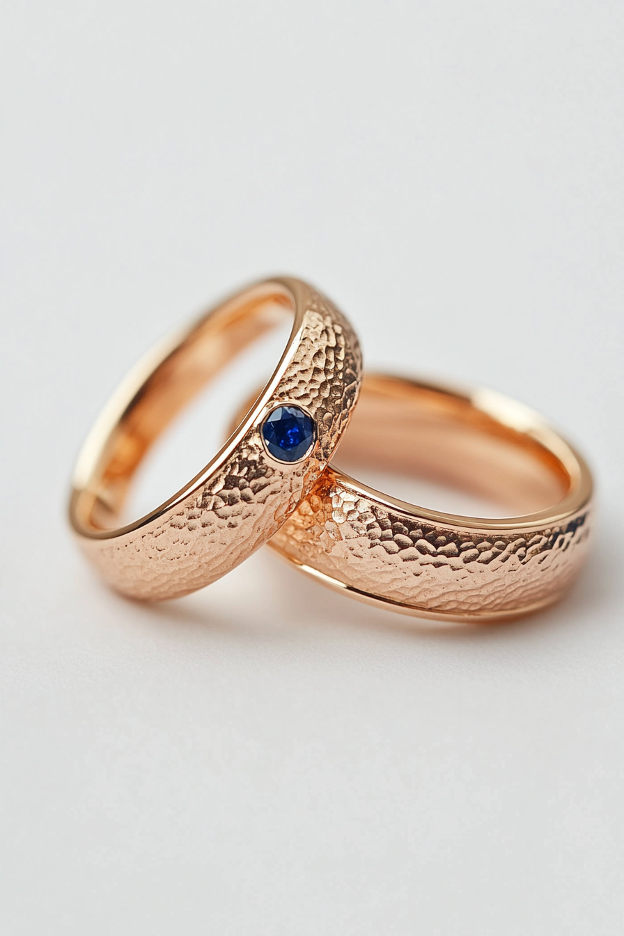 Wedding ring collection. Rose gold with blue sapphire hidden in the band.