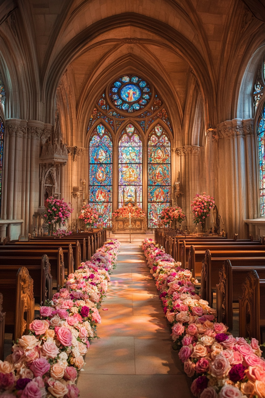 Wedding ceremony setting. Stained glass cathedral with an aisle encrusted in roses.